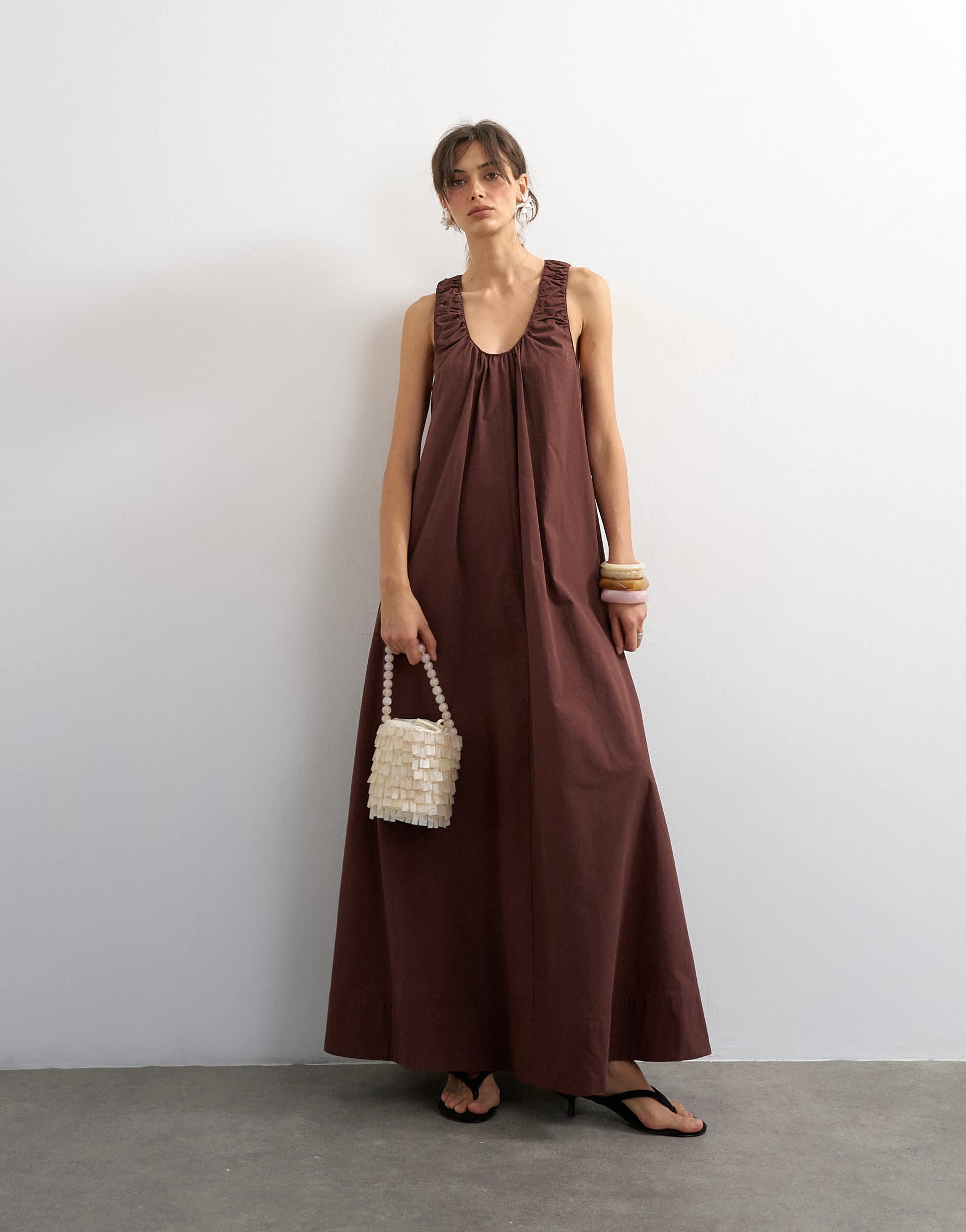 Topshop cotton poplin ruched neck maxi sundress in chocolate