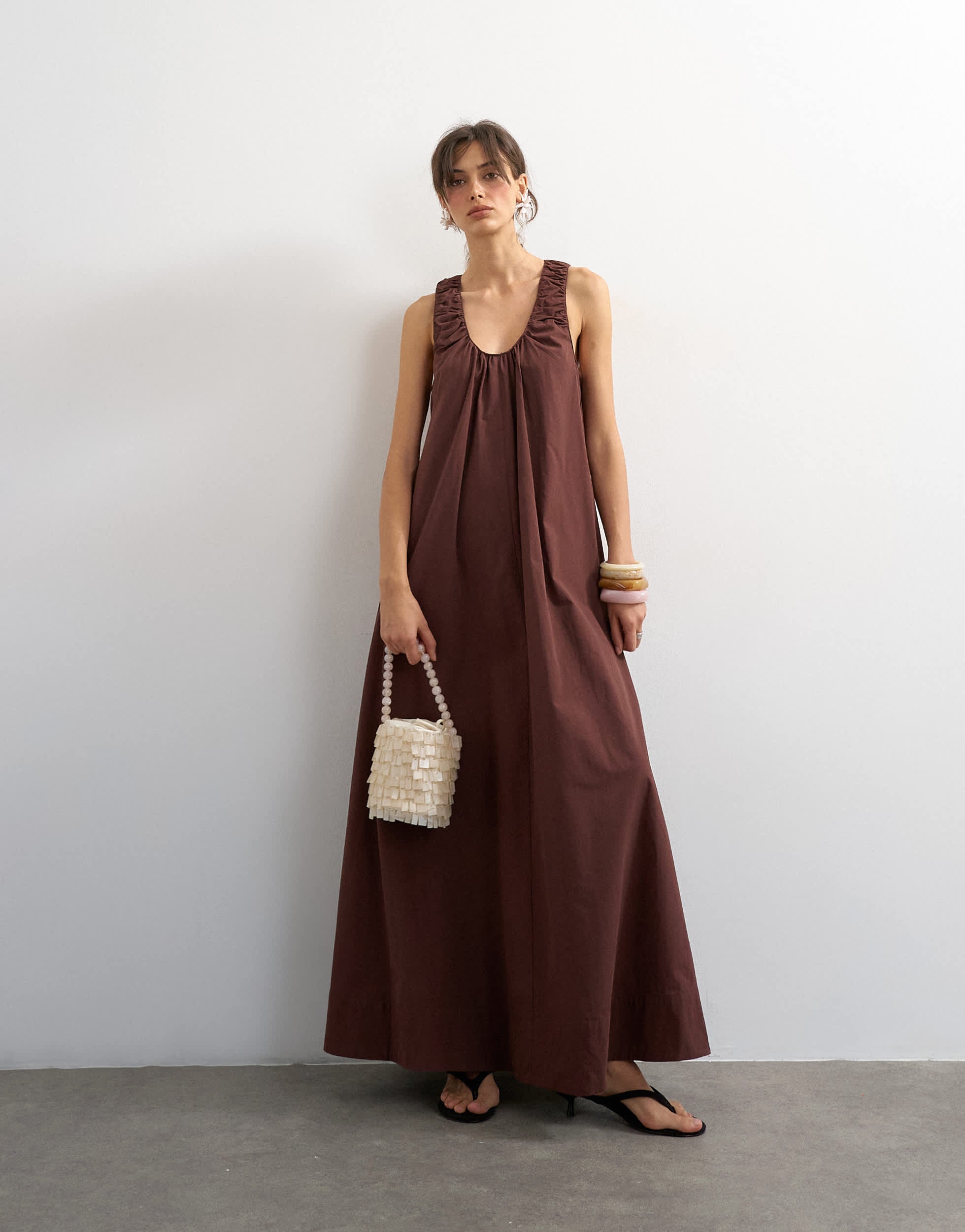 Topshop cotton poplin ruched neck maxi sundress in chocolate