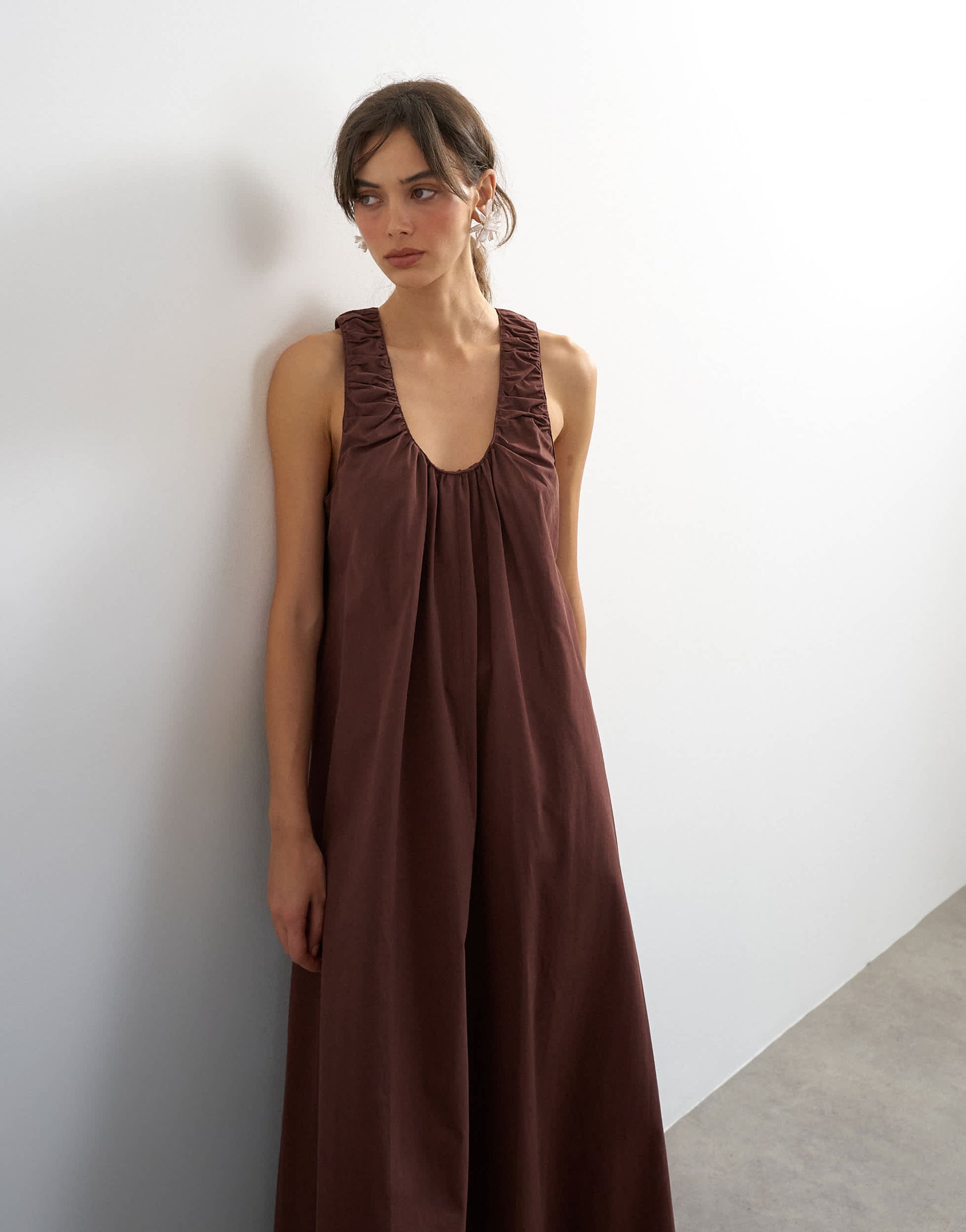 Topshop cotton poplin ruched neck maxi sundress in chocolate