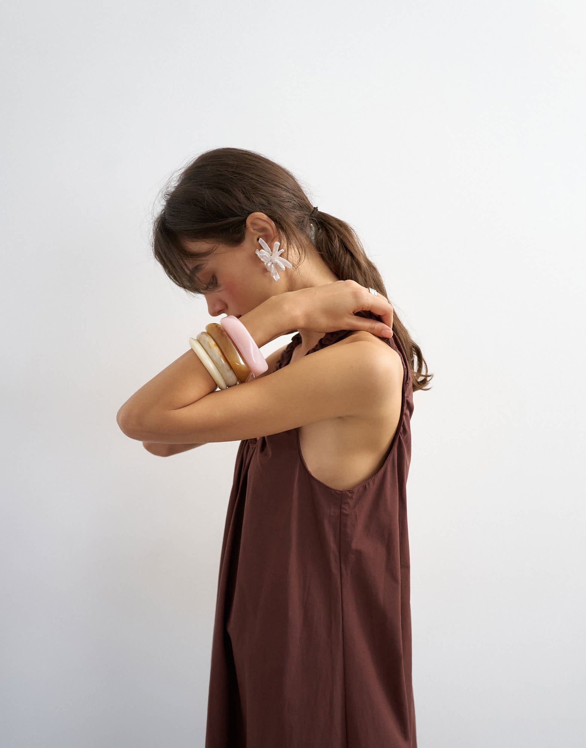 Topshop cotton poplin ruched neck maxi sundress in chocolate
