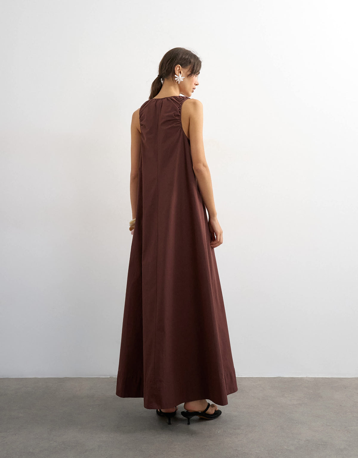 Topshop cotton poplin ruched neck maxi sundress in chocolate
