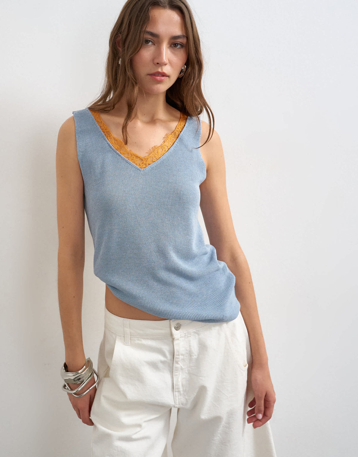 Topshop knitted vest in blue with orange contrast lace 