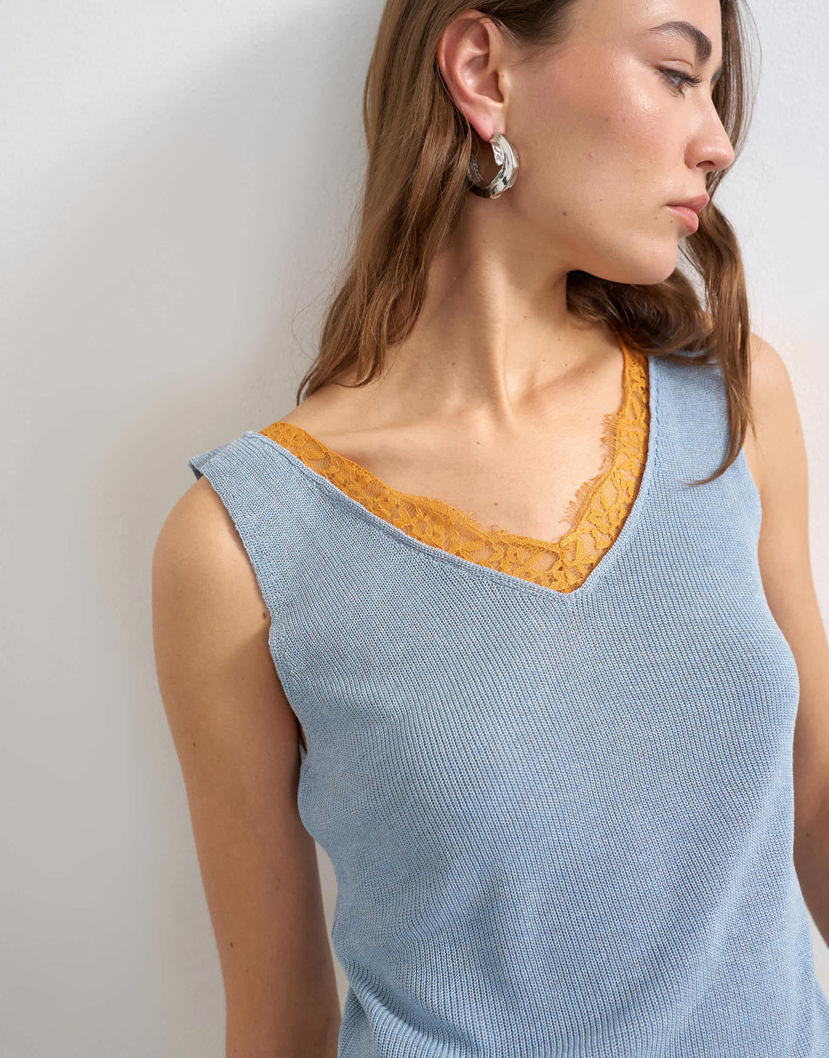 Topshop knitted vest in blue with orange contrast lace 