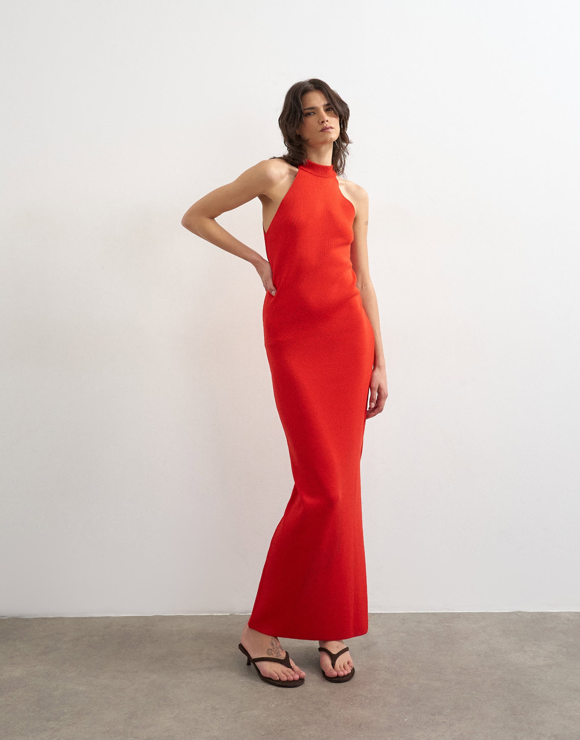 Topshop knitted halter neck dress in red