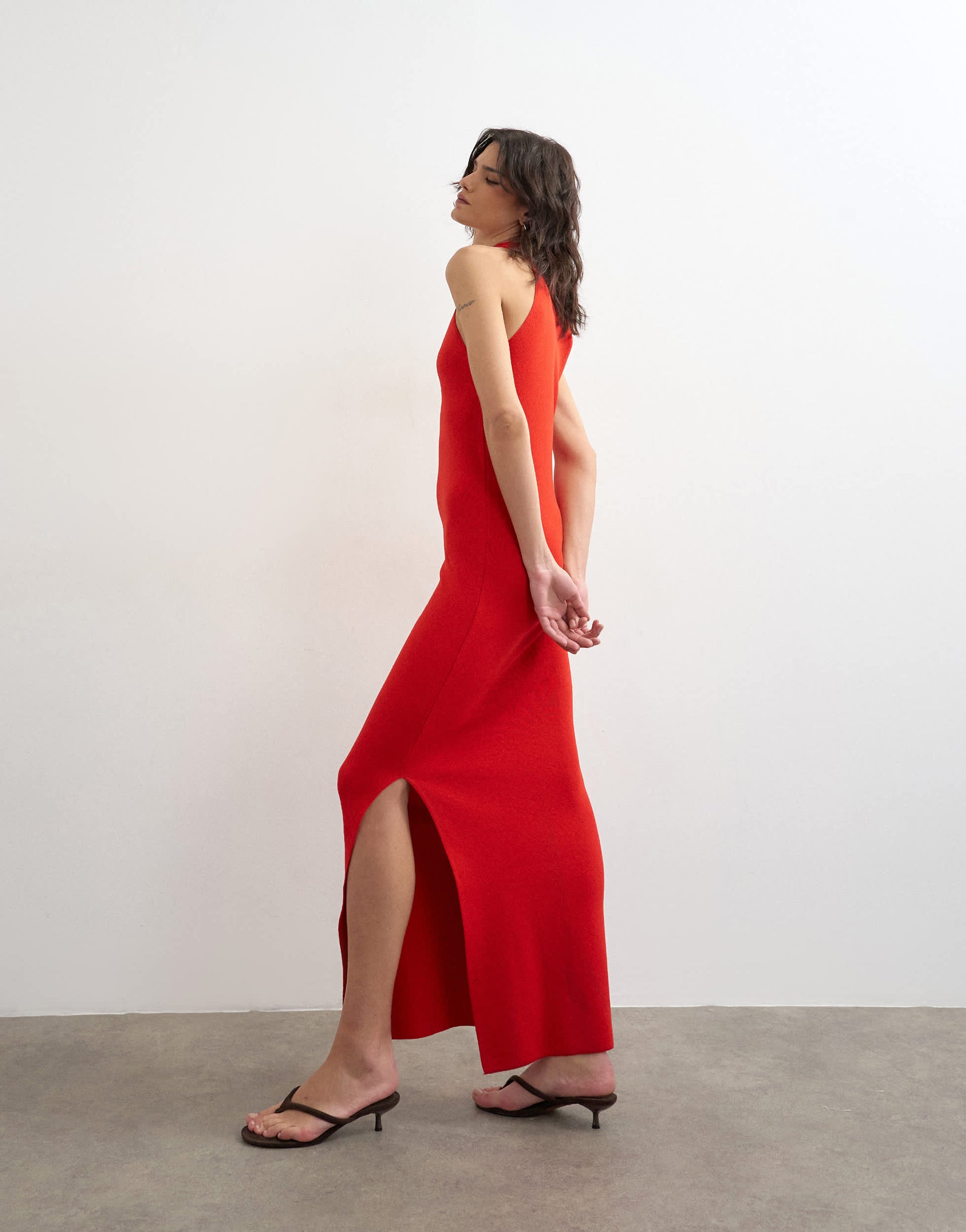 Topshop knitted halter neck dress in red