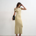 Topshop knitted textured twist detail off shoulder maxi dress in neutral