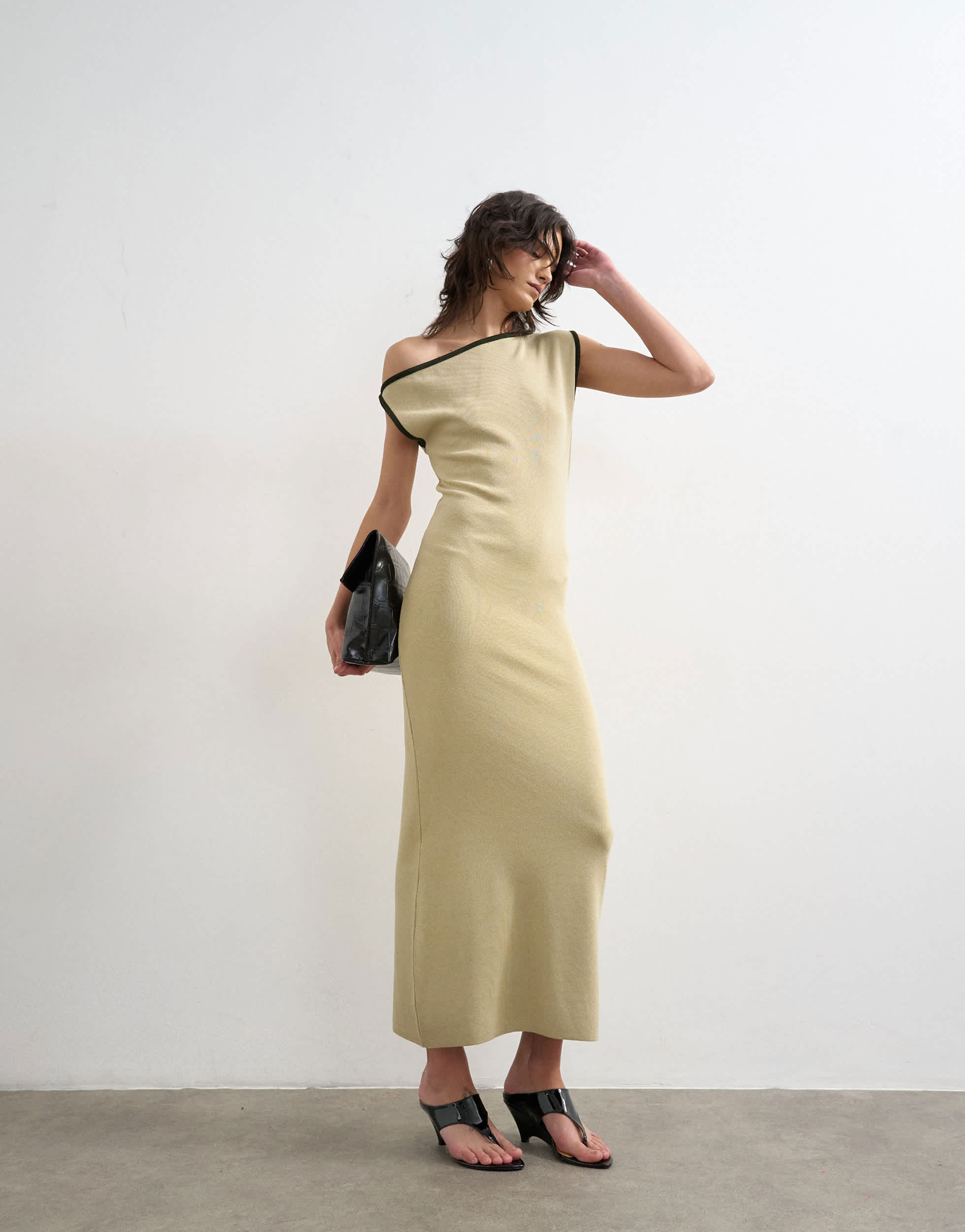 Topshop knitted textured twist detail off shoulder maxi dress in neutral
