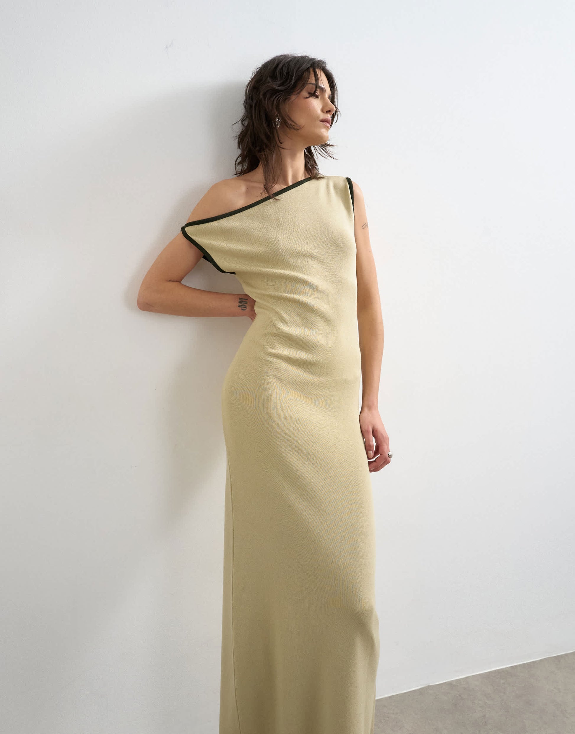 Topshop knitted textured twist detail off shoulder maxi dress in neutral