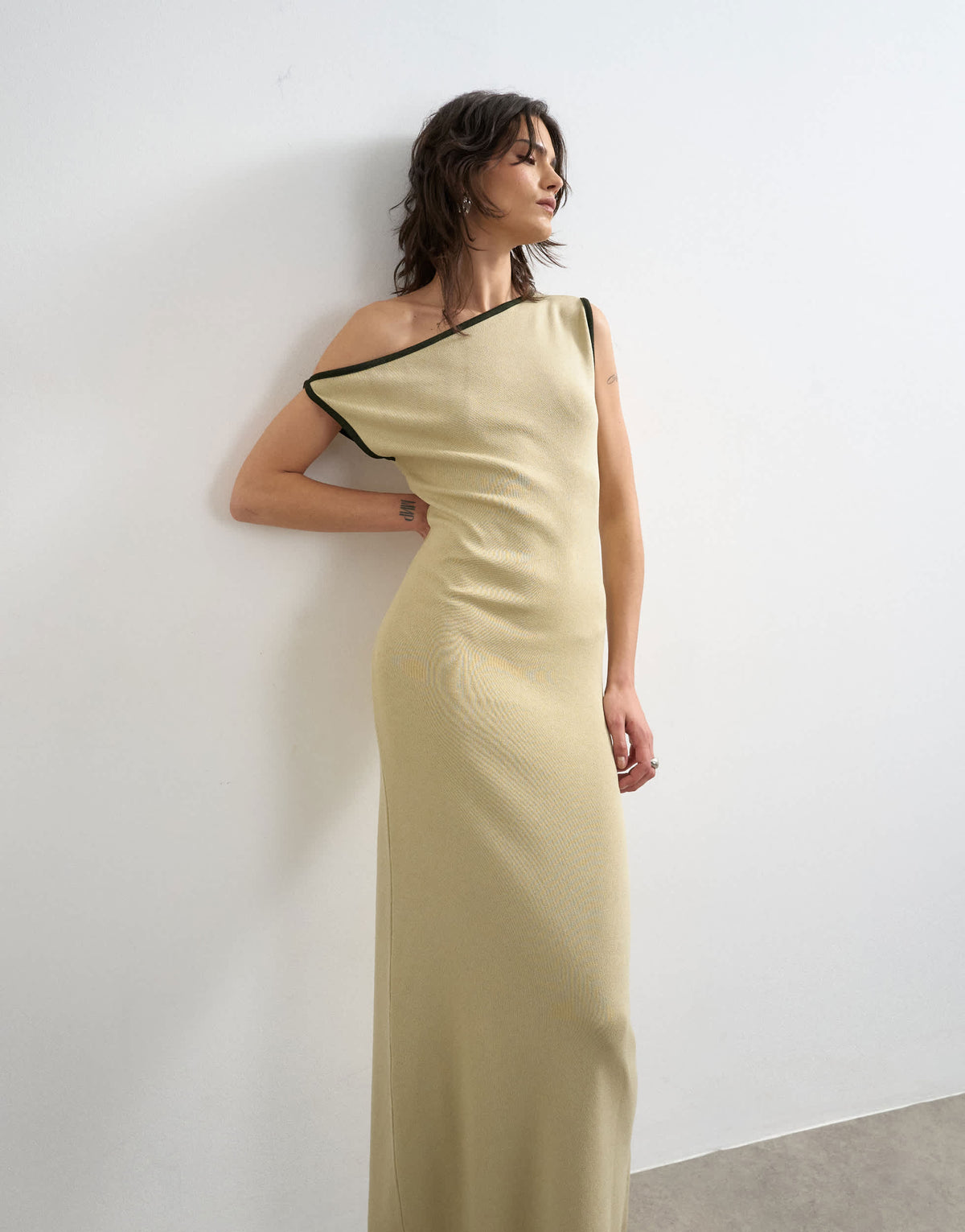 Topshop knitted textured twist detail off shoulder maxi dress in neutral