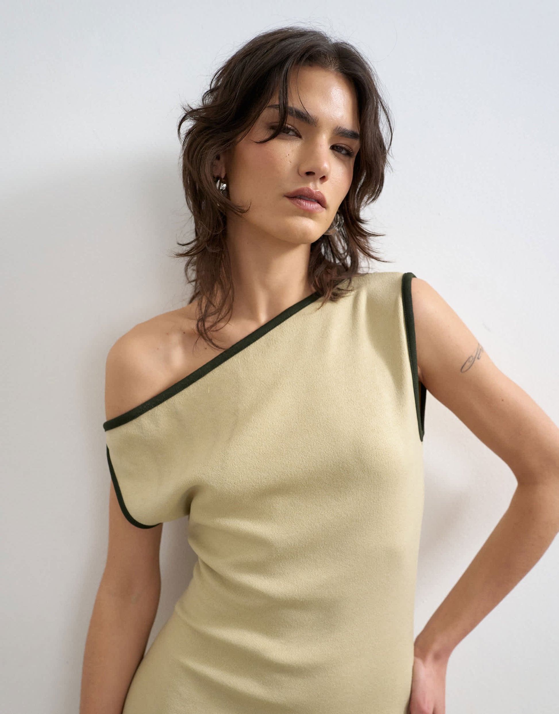 Topshop knitted textured twist detail off shoulder maxi dress in neutral