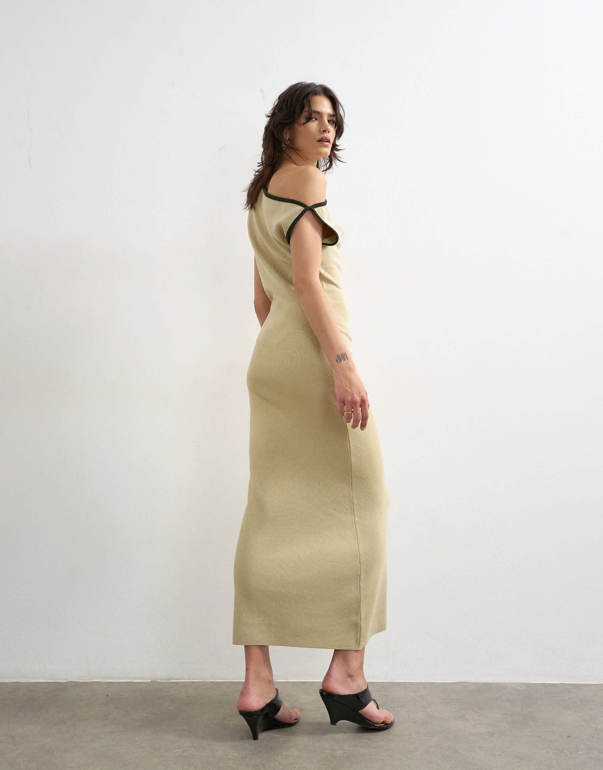 Topshop knitted textured twist detail off shoulder maxi dress in neutral