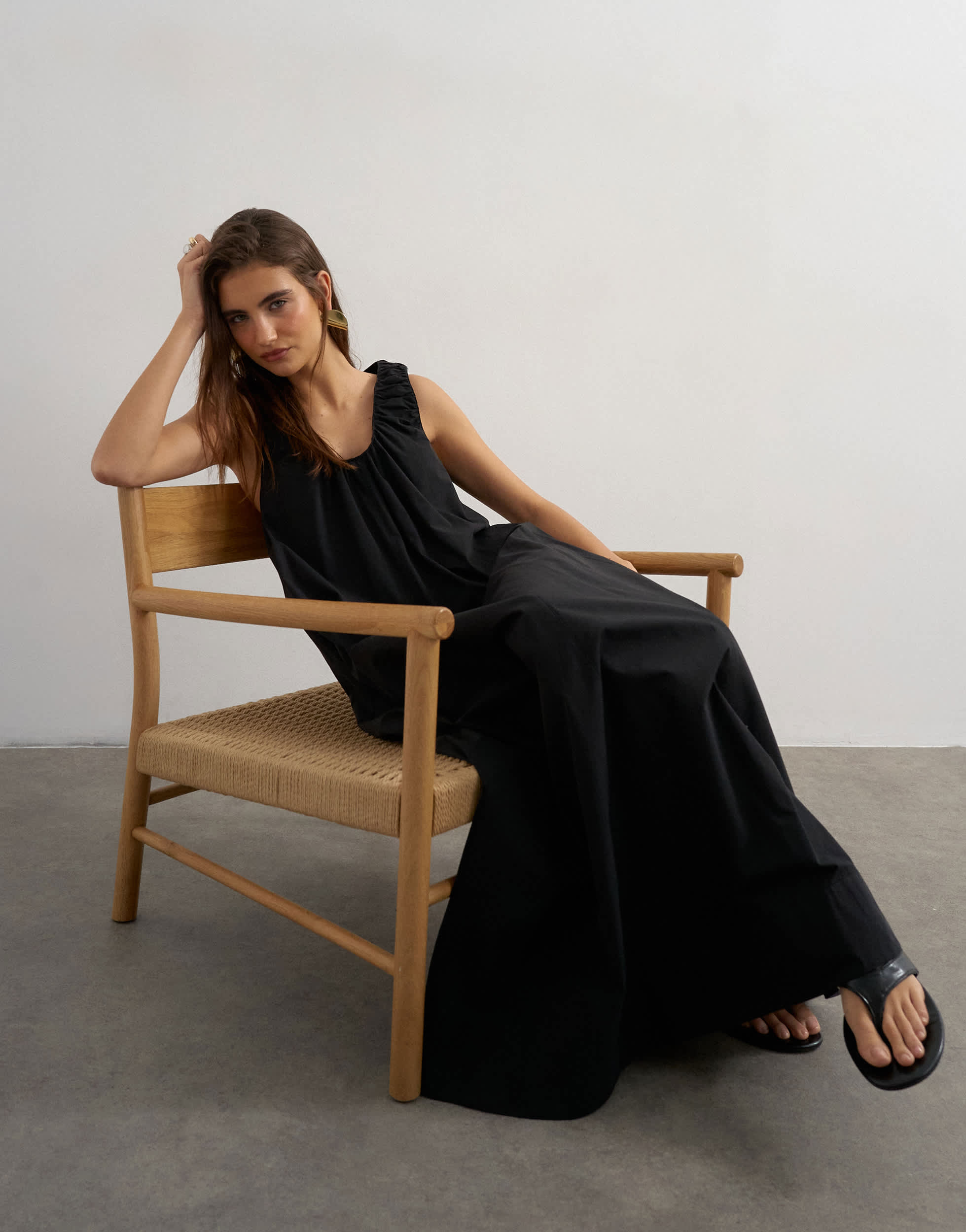 Topshop cotton poplin ruched neck maxi sundress in black
