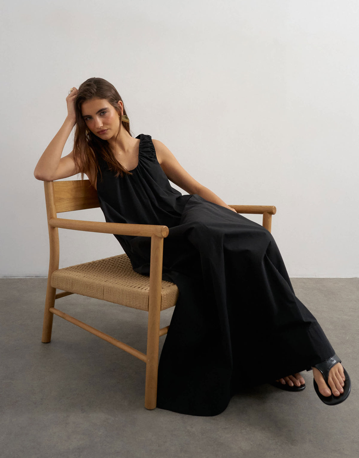 Topshop cotton poplin ruched neck maxi sundress in black