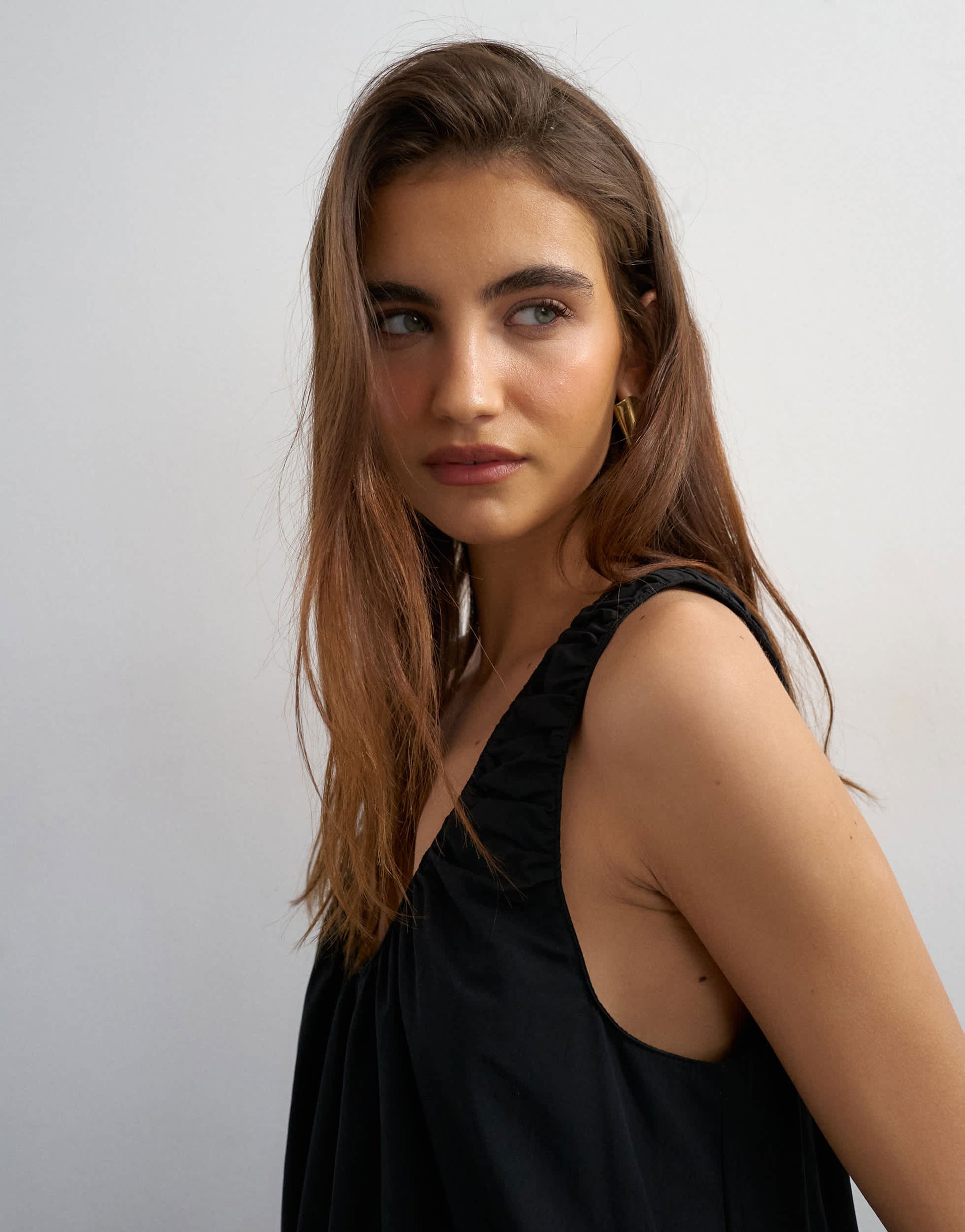 Topshop cotton poplin ruched neck maxi sundress in black