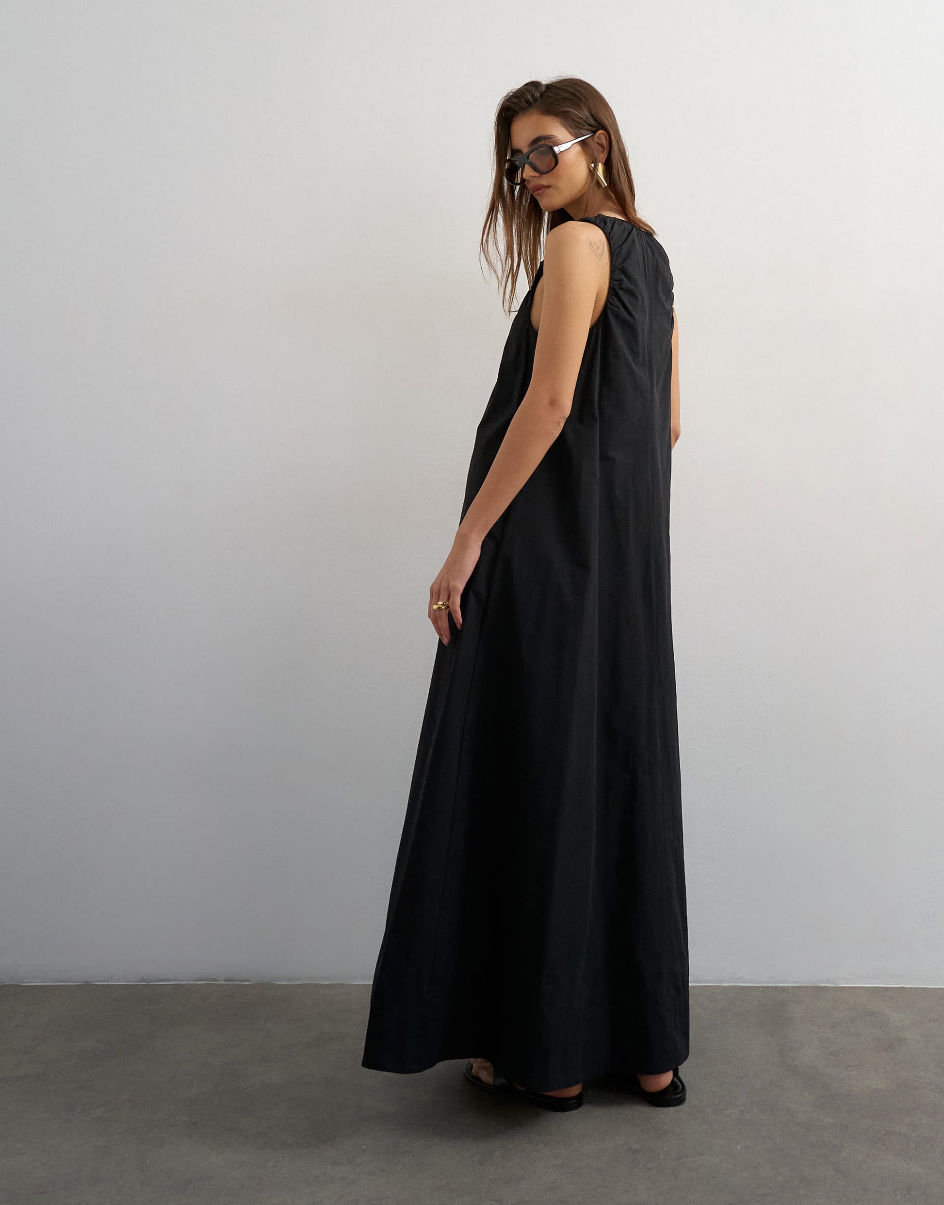 Topshop cotton poplin ruched neck maxi sundress in black