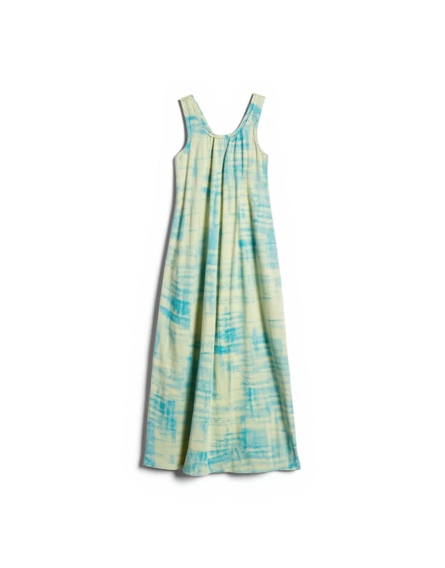 Topshop cotton poplin ruched neck maxi sundress in blue abstract print
