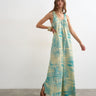 Topshop cotton poplin ruched neck maxi sundress in blue abstract print