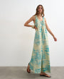 Topshop cotton poplin ruched neck maxi sundress in blue abstract print
