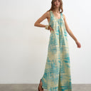 Topshop cotton poplin ruched neck maxi sundress in blue abstract print