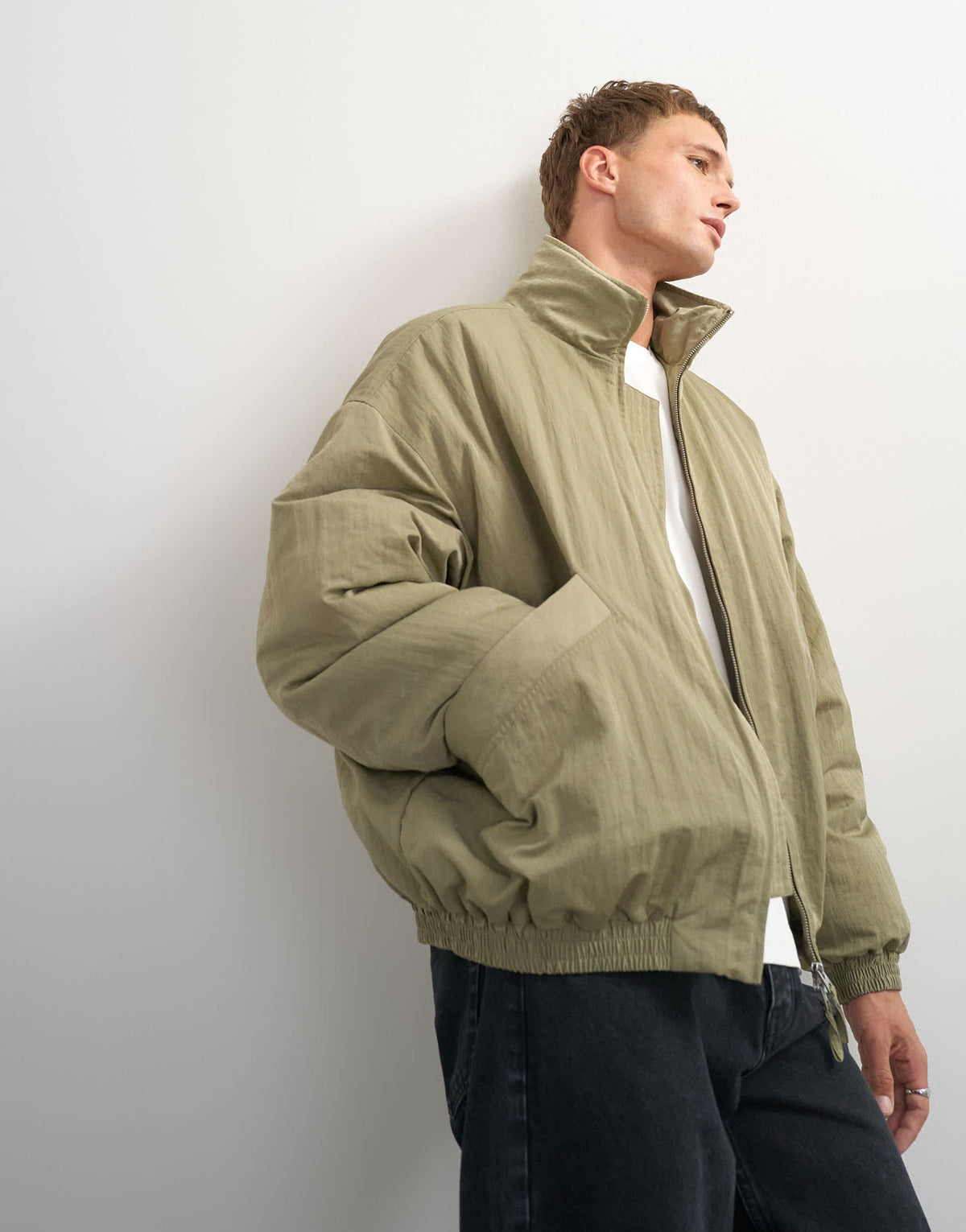 Topman oversized fit twill nylon funnel neck bomber jacket in khaki