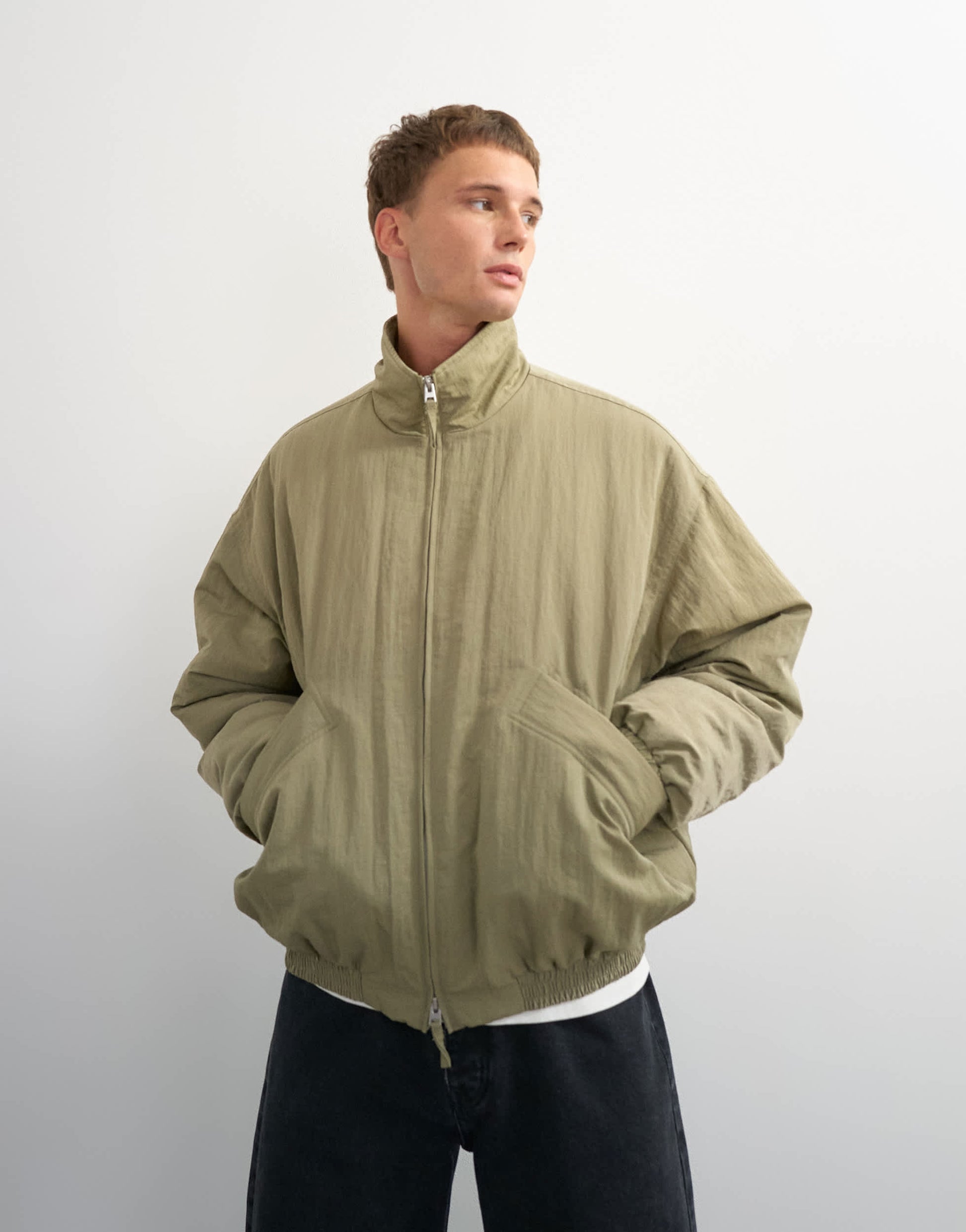 Topman oversized fit twill nylon funnel neck bomber jacket in khaki