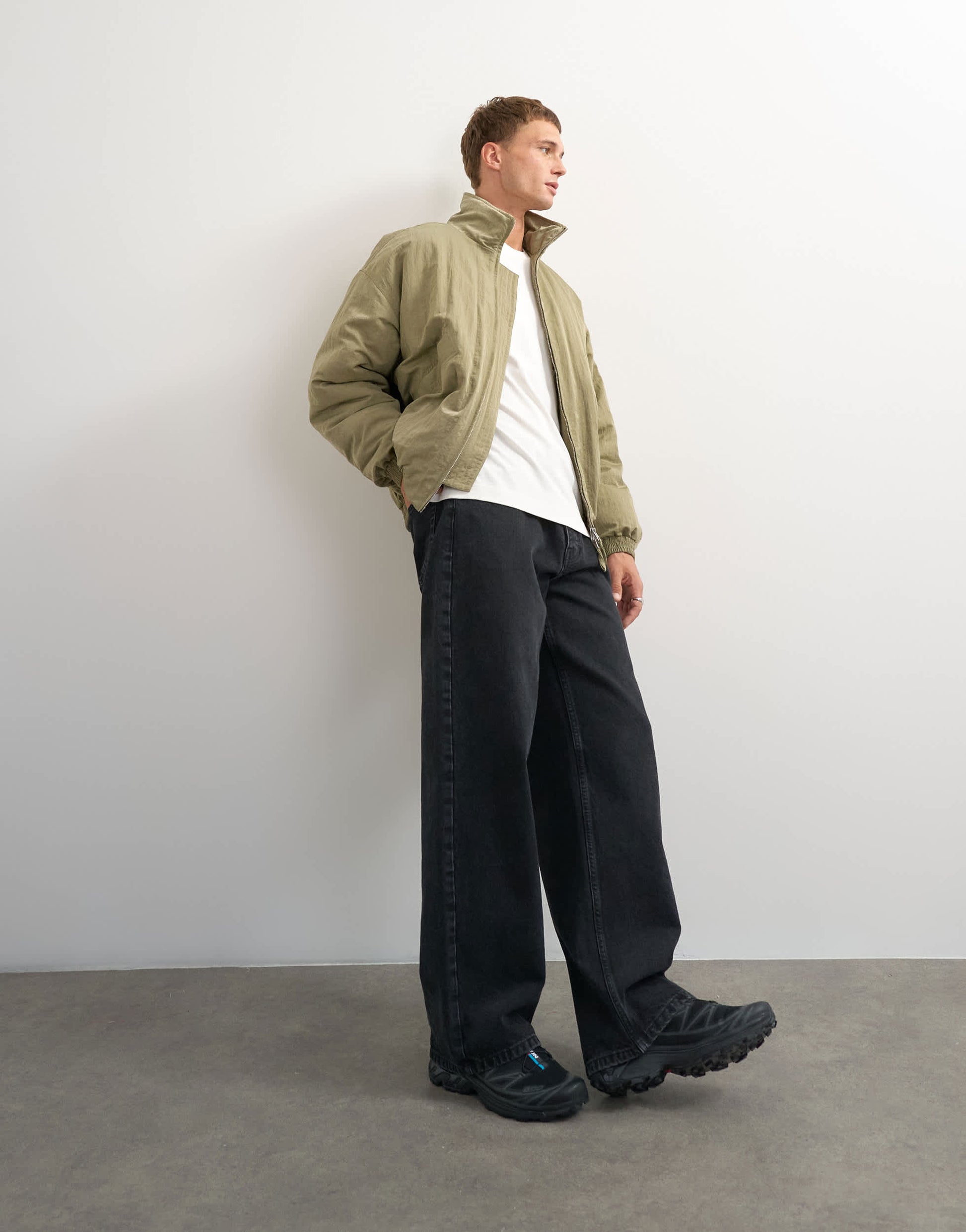 Topman oversized fit twill nylon funnel neck bomber jacket in khaki