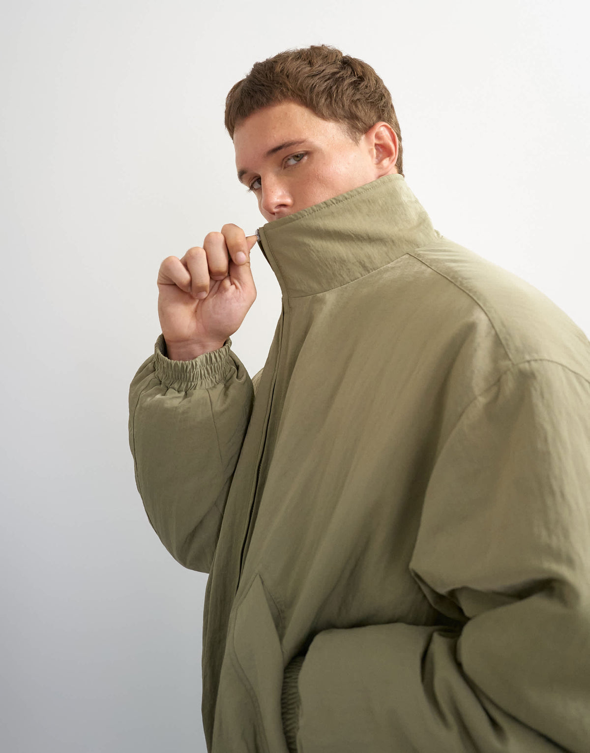 Topman oversized fit twill nylon funnel neck bomber jacket in khaki