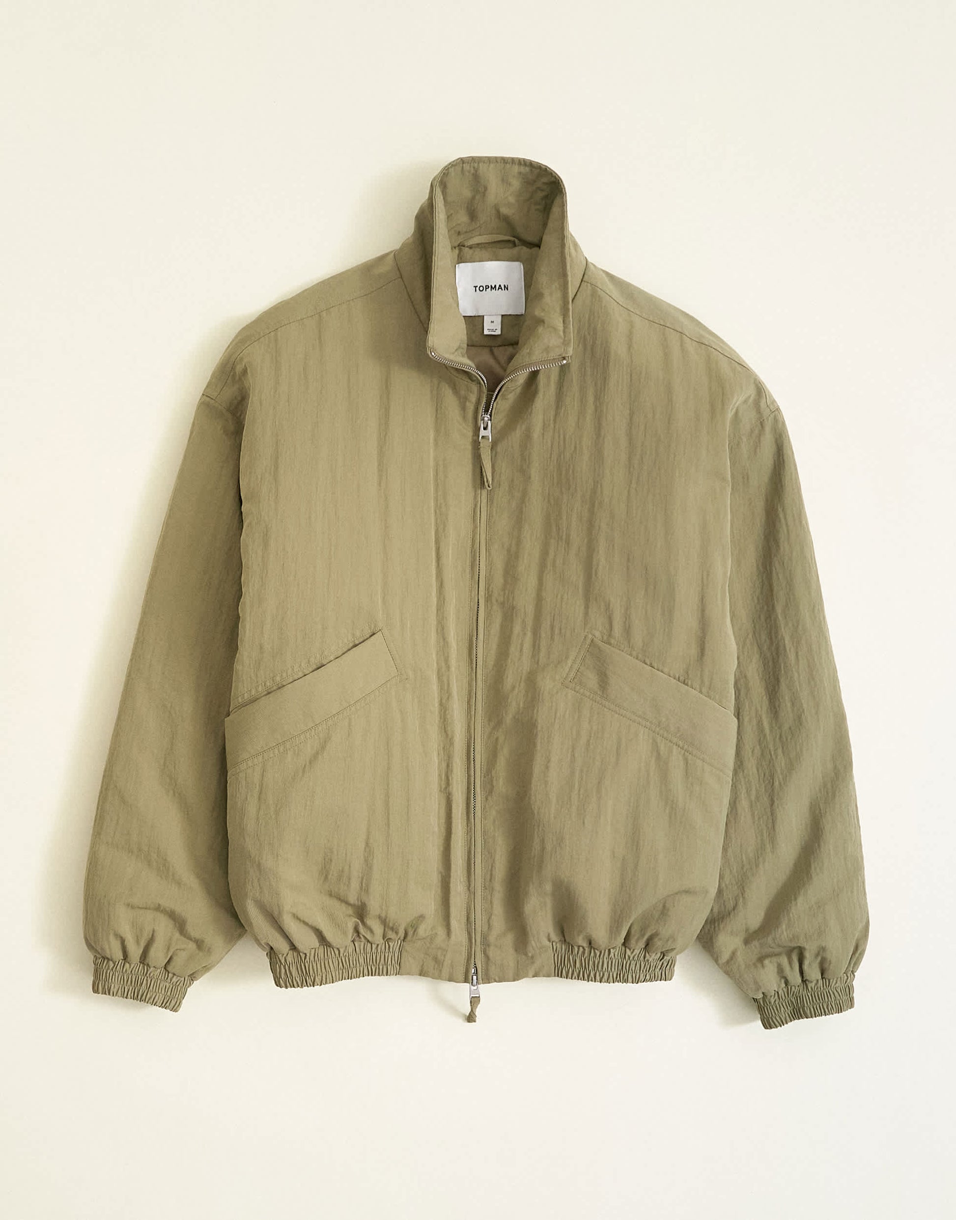 Topman oversized fit twill nylon funnel neck bomber jacket in khaki