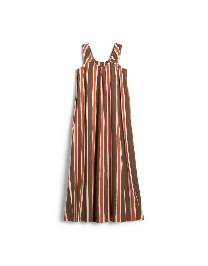 Topshop cotton poplin ruched neck maxi sundress in chocolate and red stripe