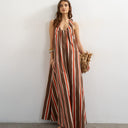 Topshop cotton poplin ruched neck maxi sundress in chocolate and red stripe