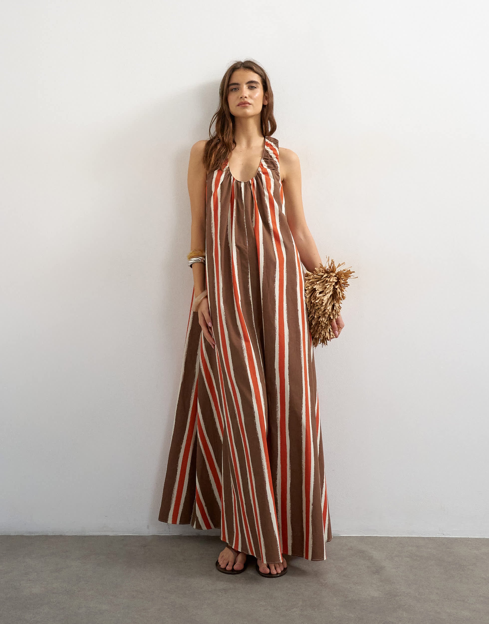 Topshop cotton poplin ruched neck maxi sundress in chocolate and red stripe