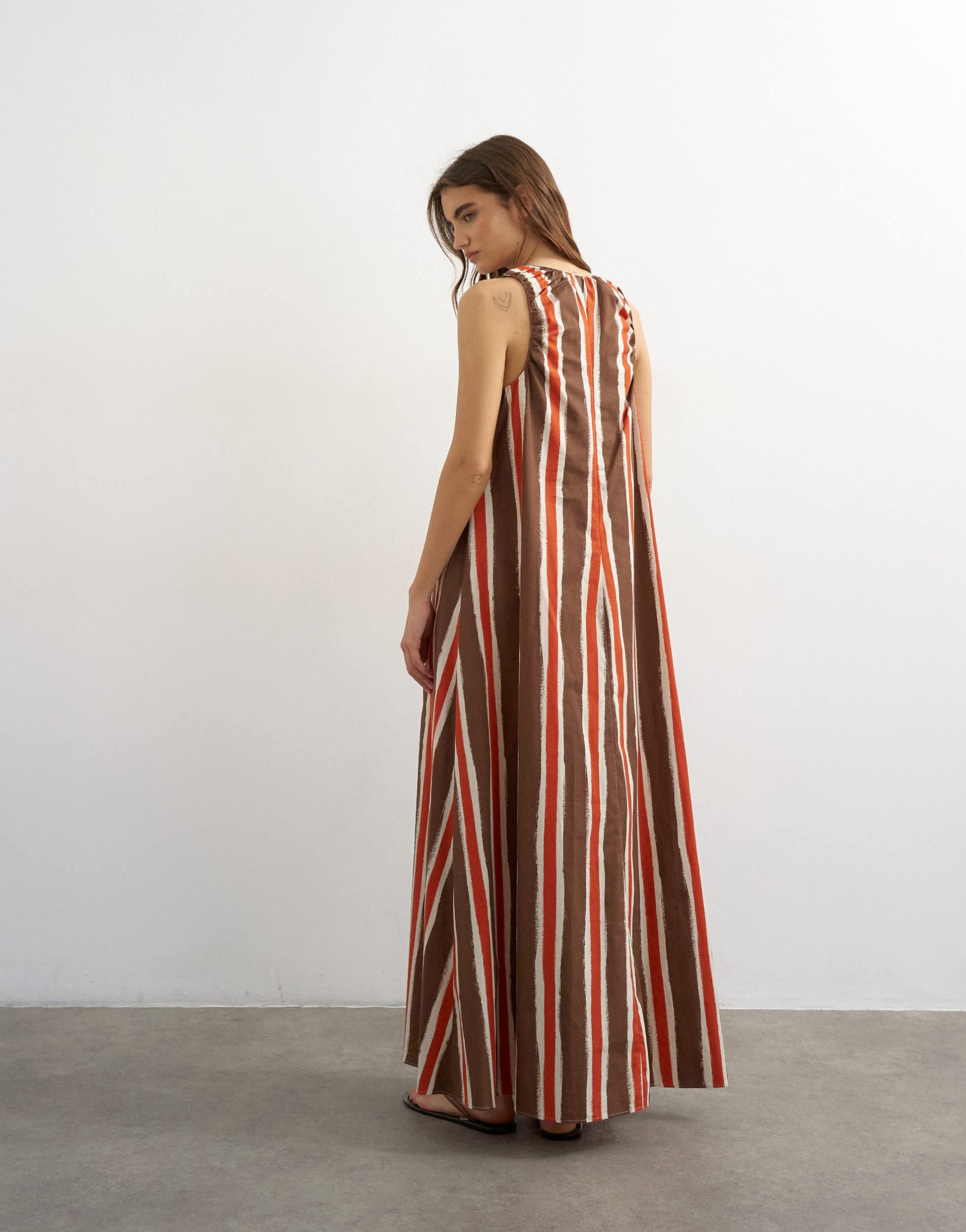 Topshop cotton poplin ruched neck maxi sundress in chocolate and red stripe