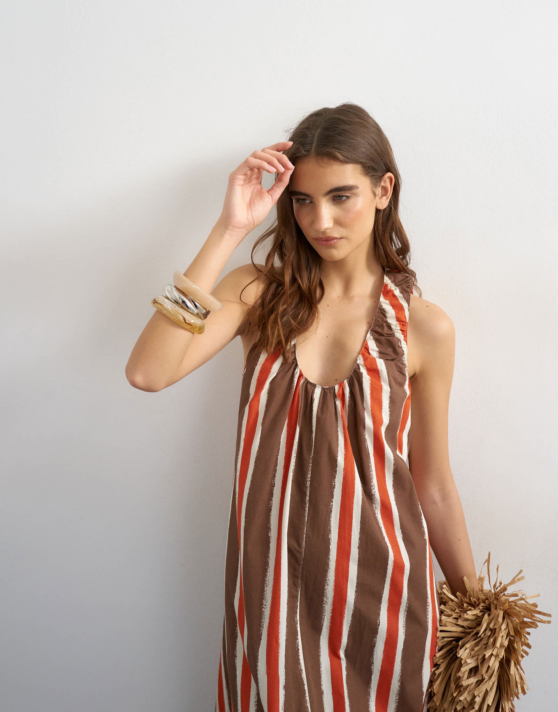 Topshop cotton poplin ruched neck maxi sundress in chocolate and red stripe