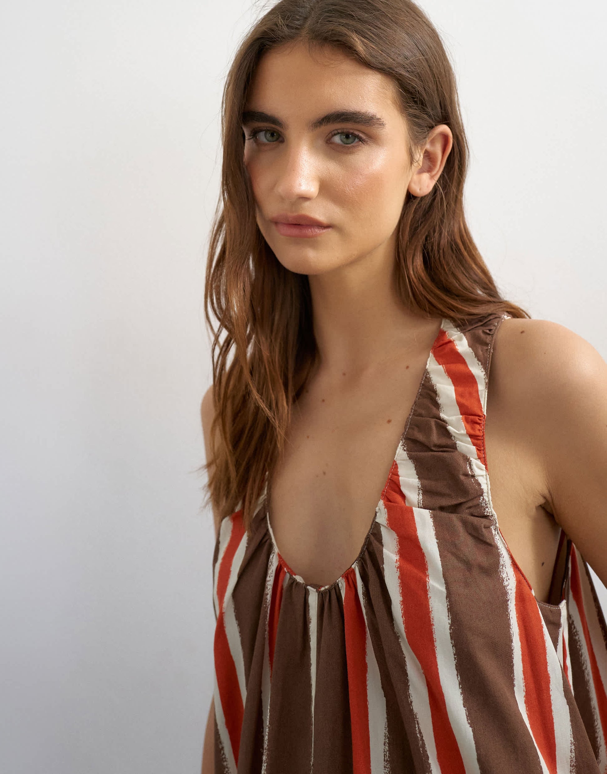 Topshop cotton poplin ruched neck maxi sundress in chocolate and red stripe
