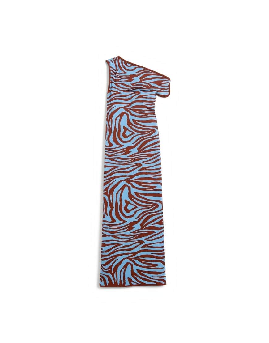 Topshop knitted textured twist detail off shoulder maxi dress in brown animal print