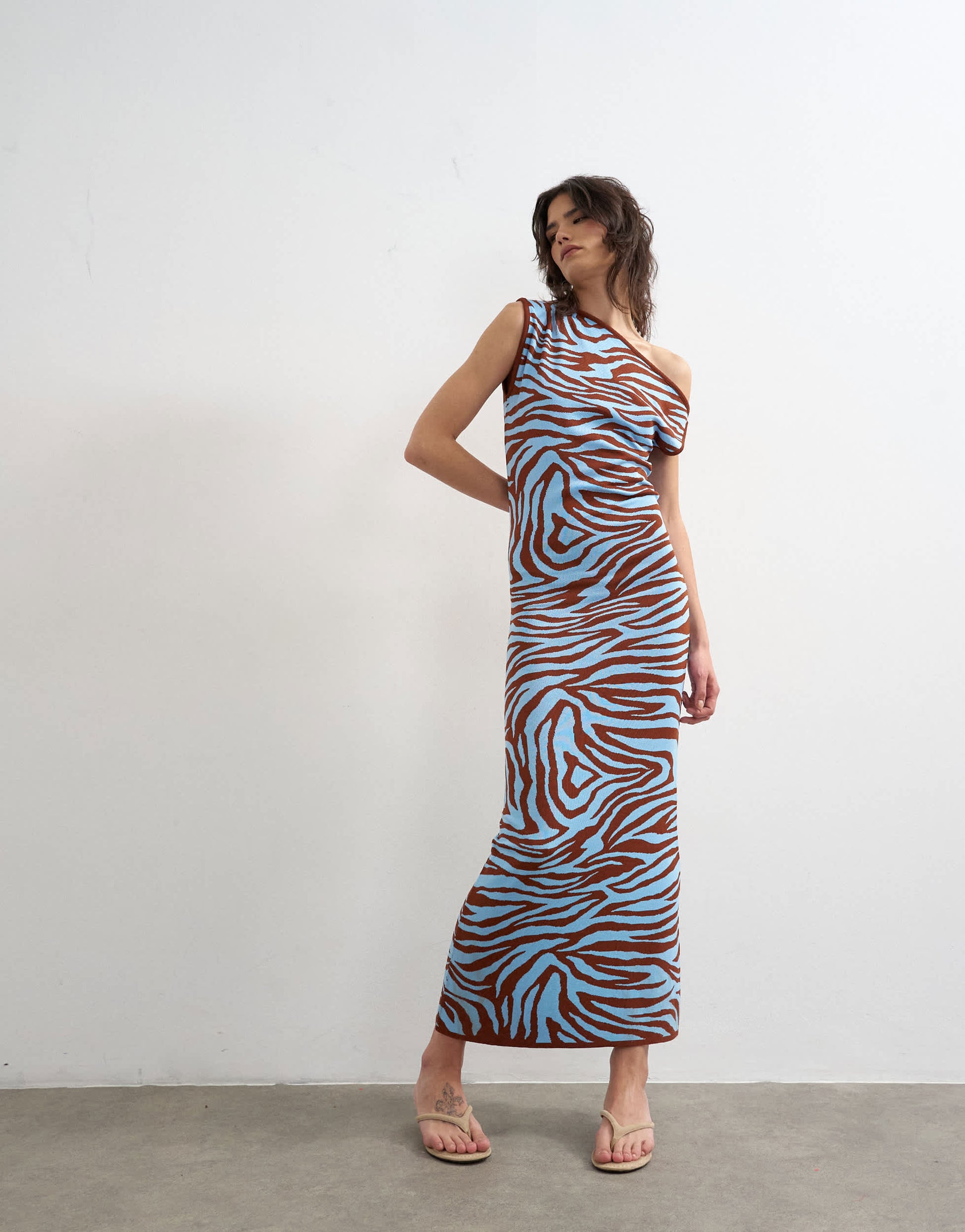 Topshop knitted textured twist detail off shoulder maxi dress in brown animal print