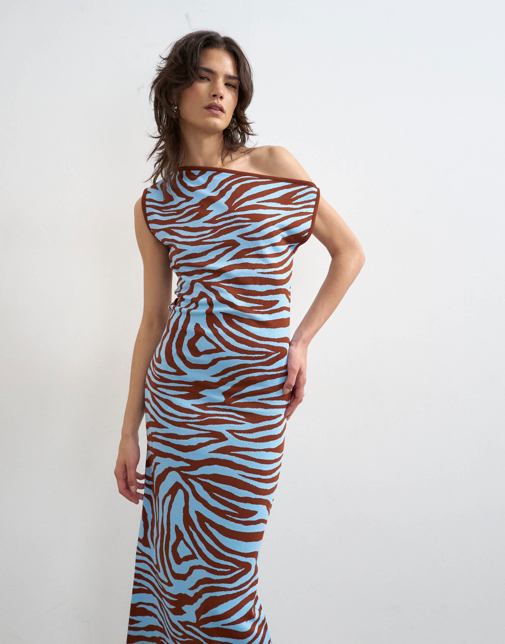 Topshop knitted textured twist detail off shoulder maxi dress in brown animal print