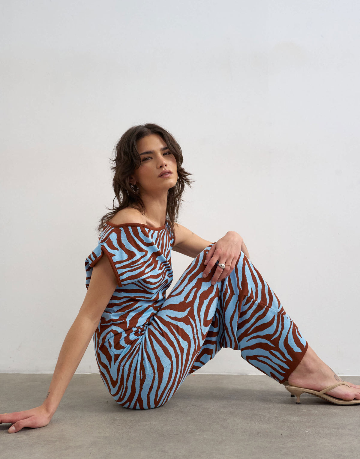 Topshop knitted textured twist detail off shoulder maxi dress in brown animal print