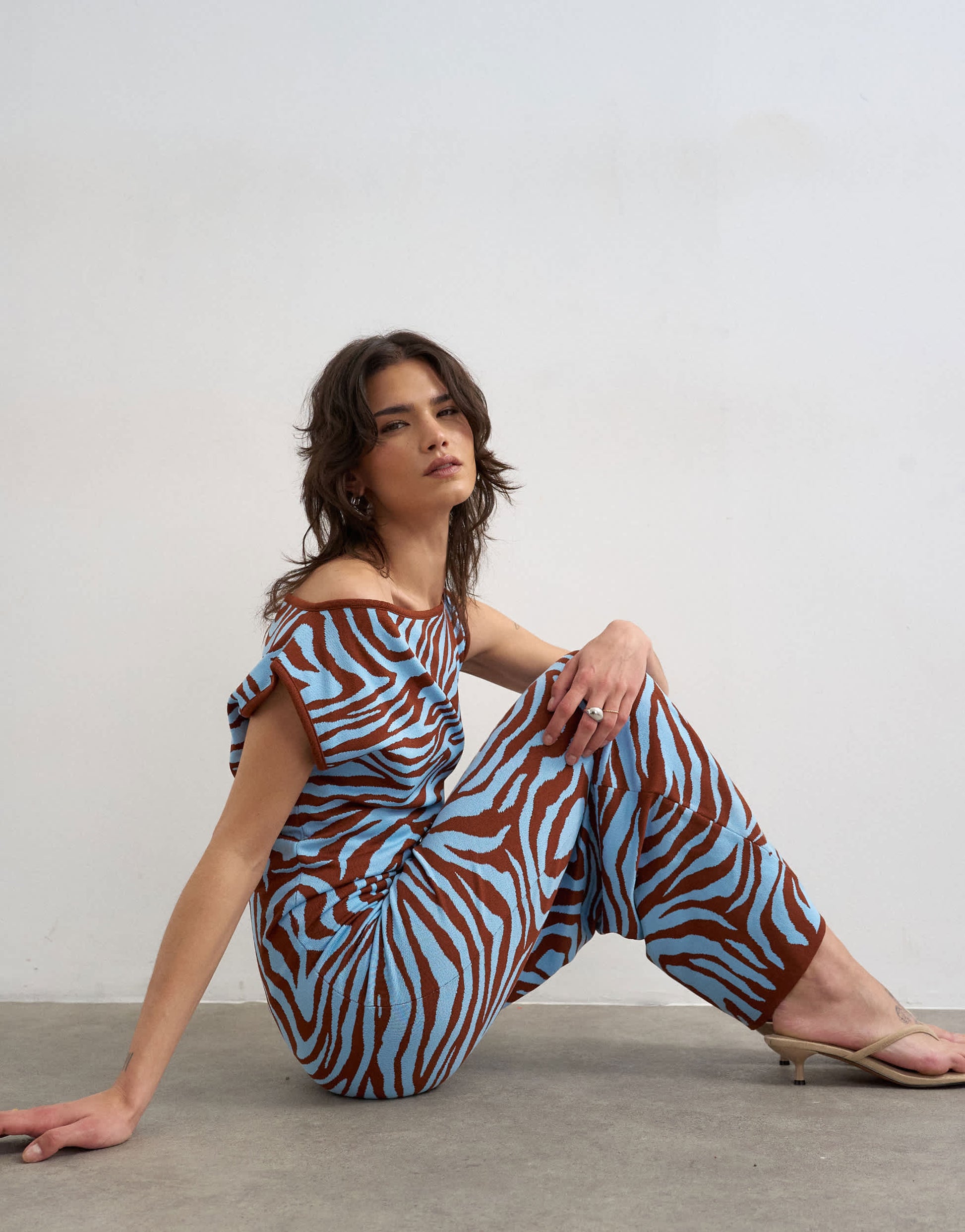 Topshop knitted textured twist detail off shoulder maxi dress in brown animal print