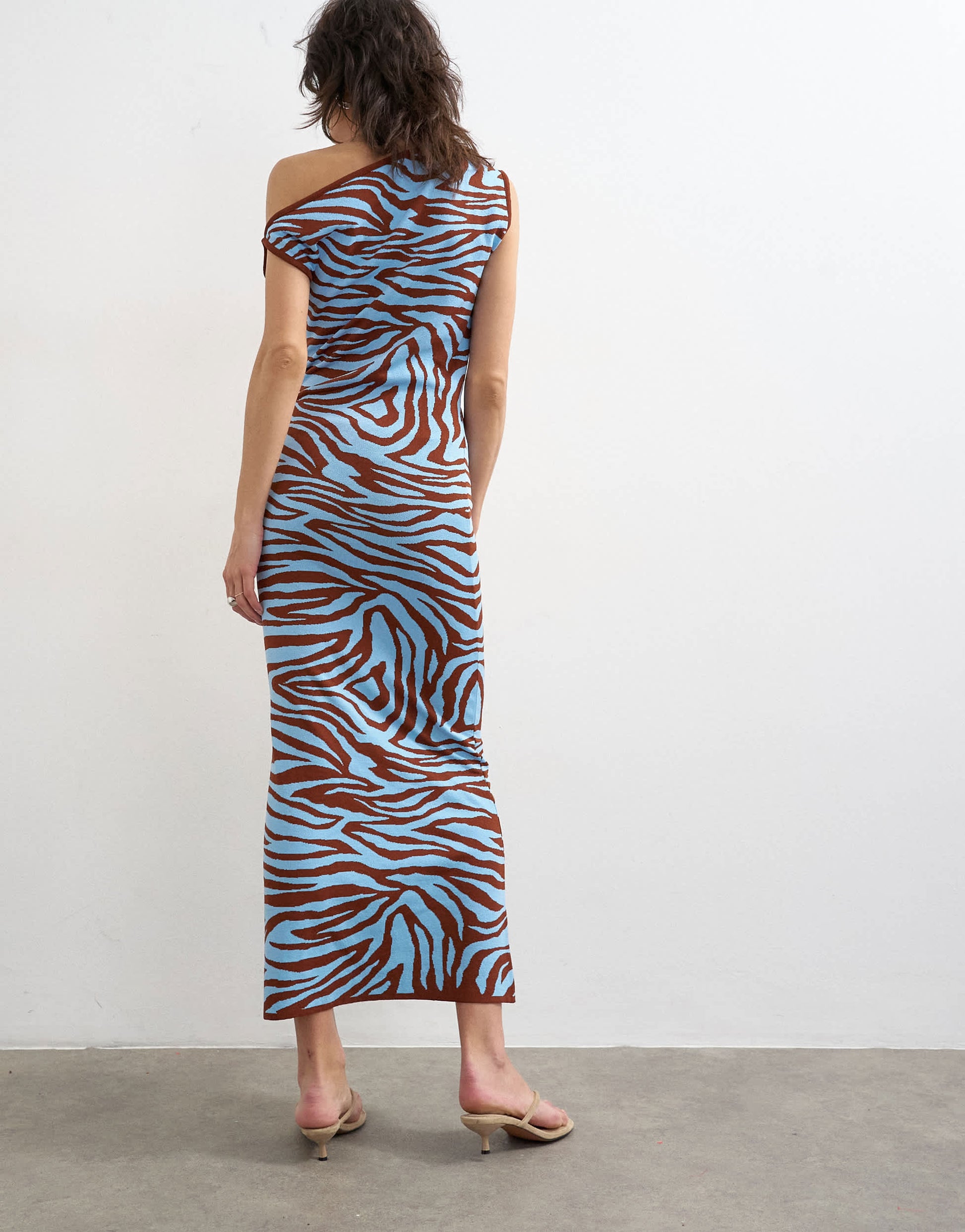 Topshop knitted textured twist detail off shoulder maxi dress in brown animal print