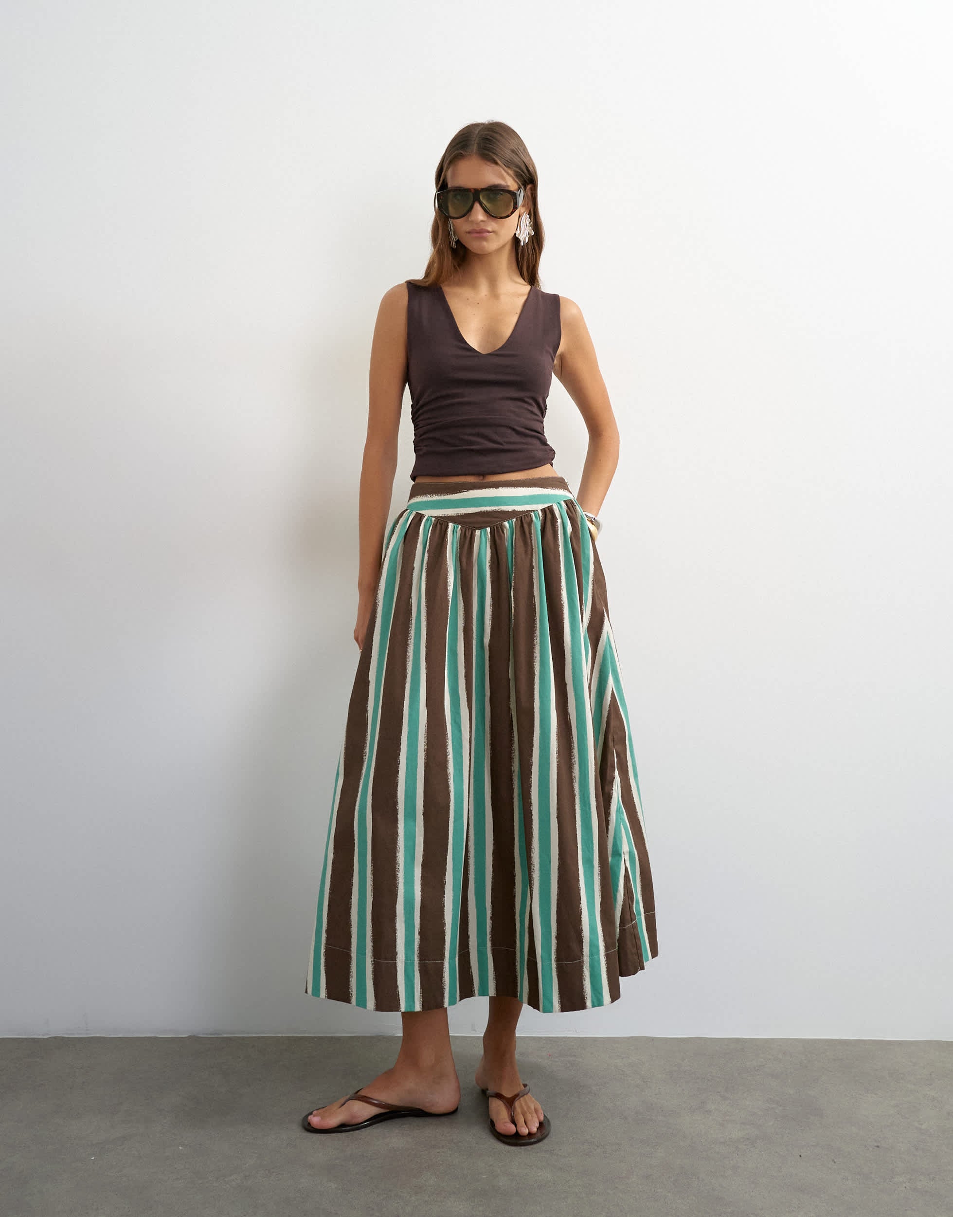 Topshop co-ord drop waist saloon maxi skirt in brown stripe