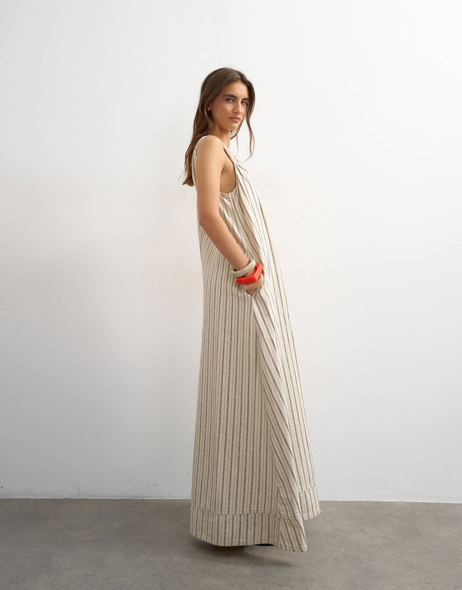 Topshop denim ruched shoulder maxi dress in stripe