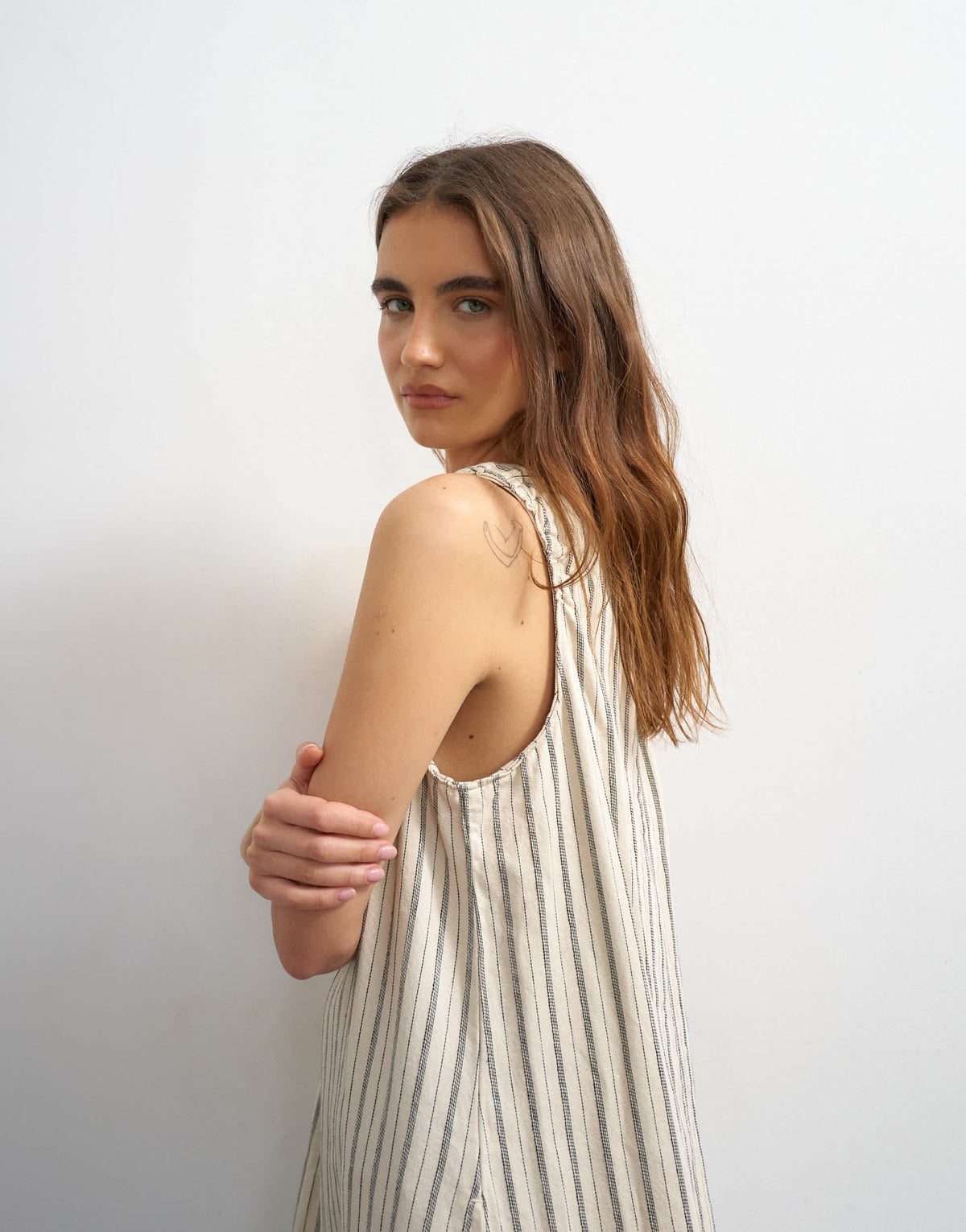 Topshop denim ruched shoulder maxi dress in stripe