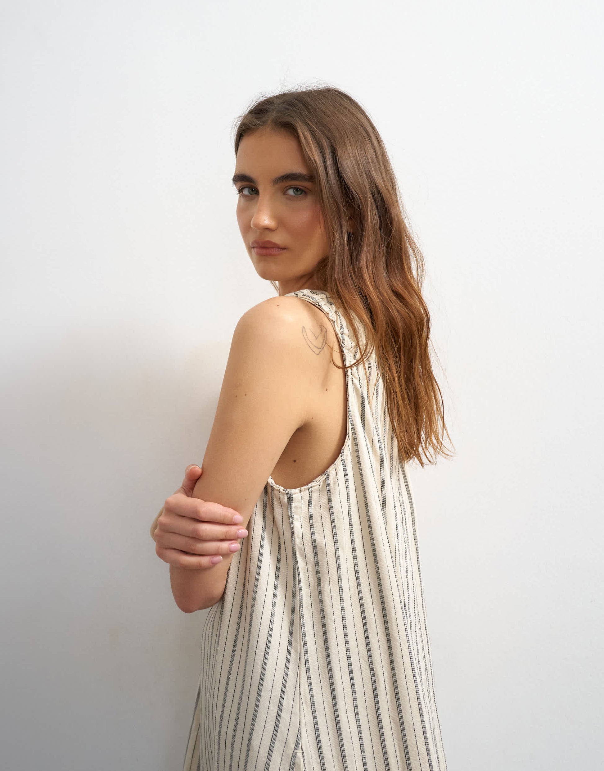 Topshop denim ruched shoulder maxi dress in stripe