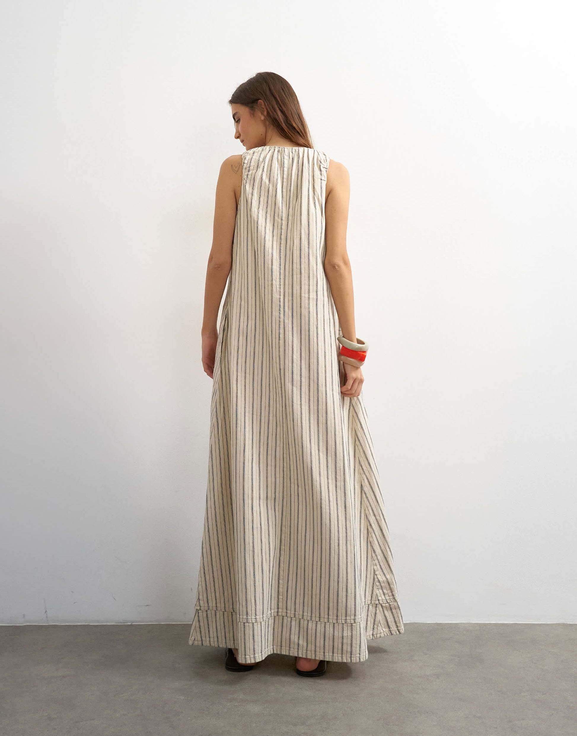 Topshop denim ruched shoulder maxi dress in stripe