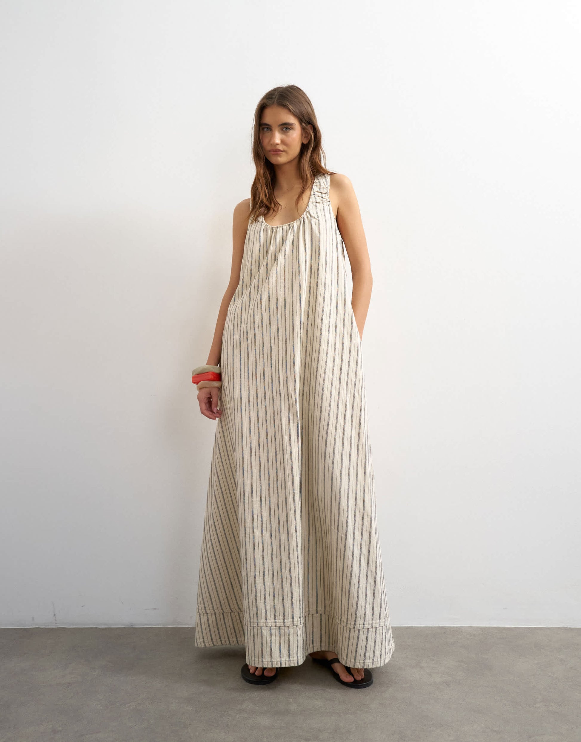 Topshop denim ruched shoulder maxi dress in stripe