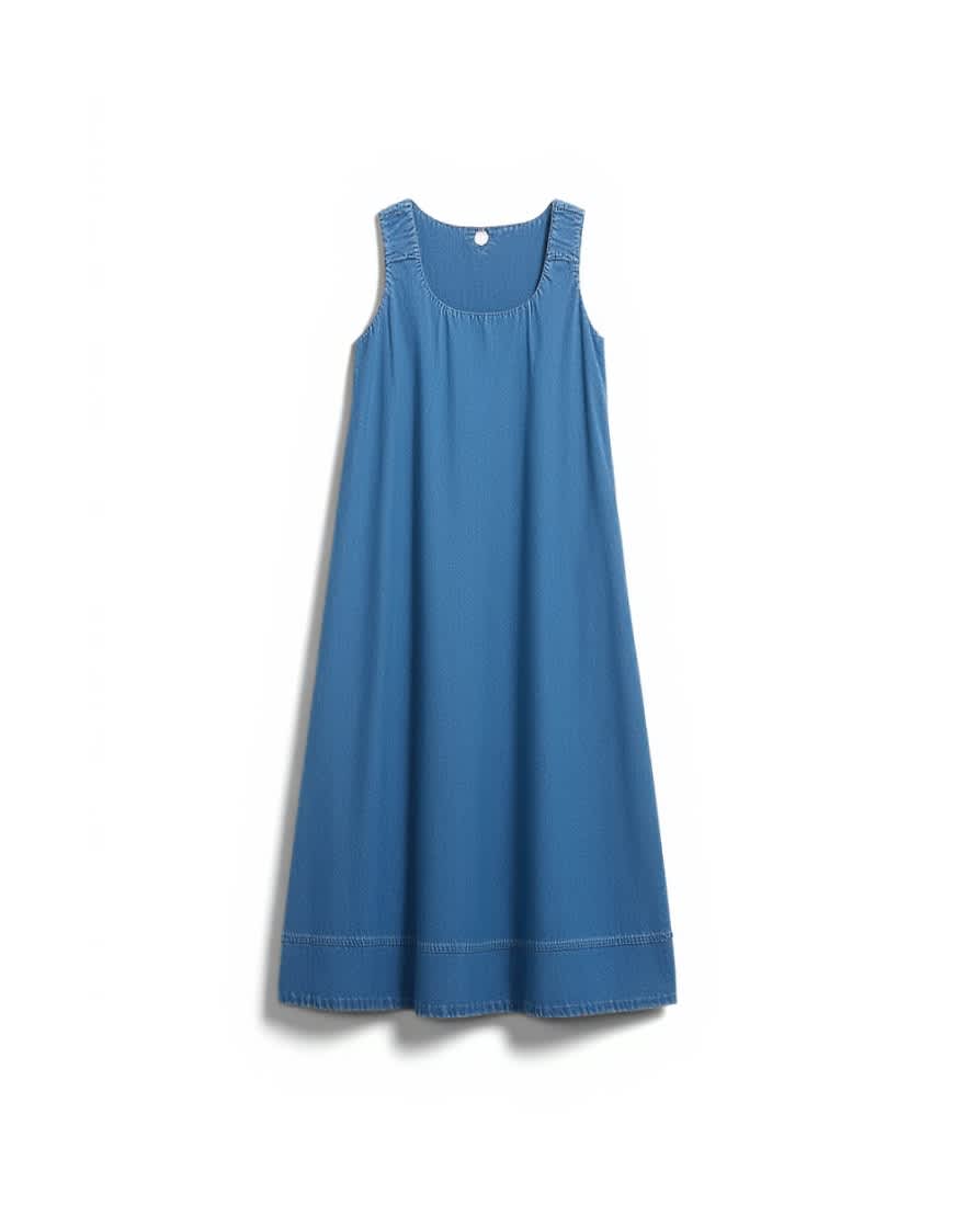 Topshop denim ruched maxi dress in mid blue