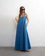Topshop denim ruched maxi dress in mid blue