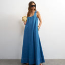 Topshop denim ruched maxi dress in mid blue
