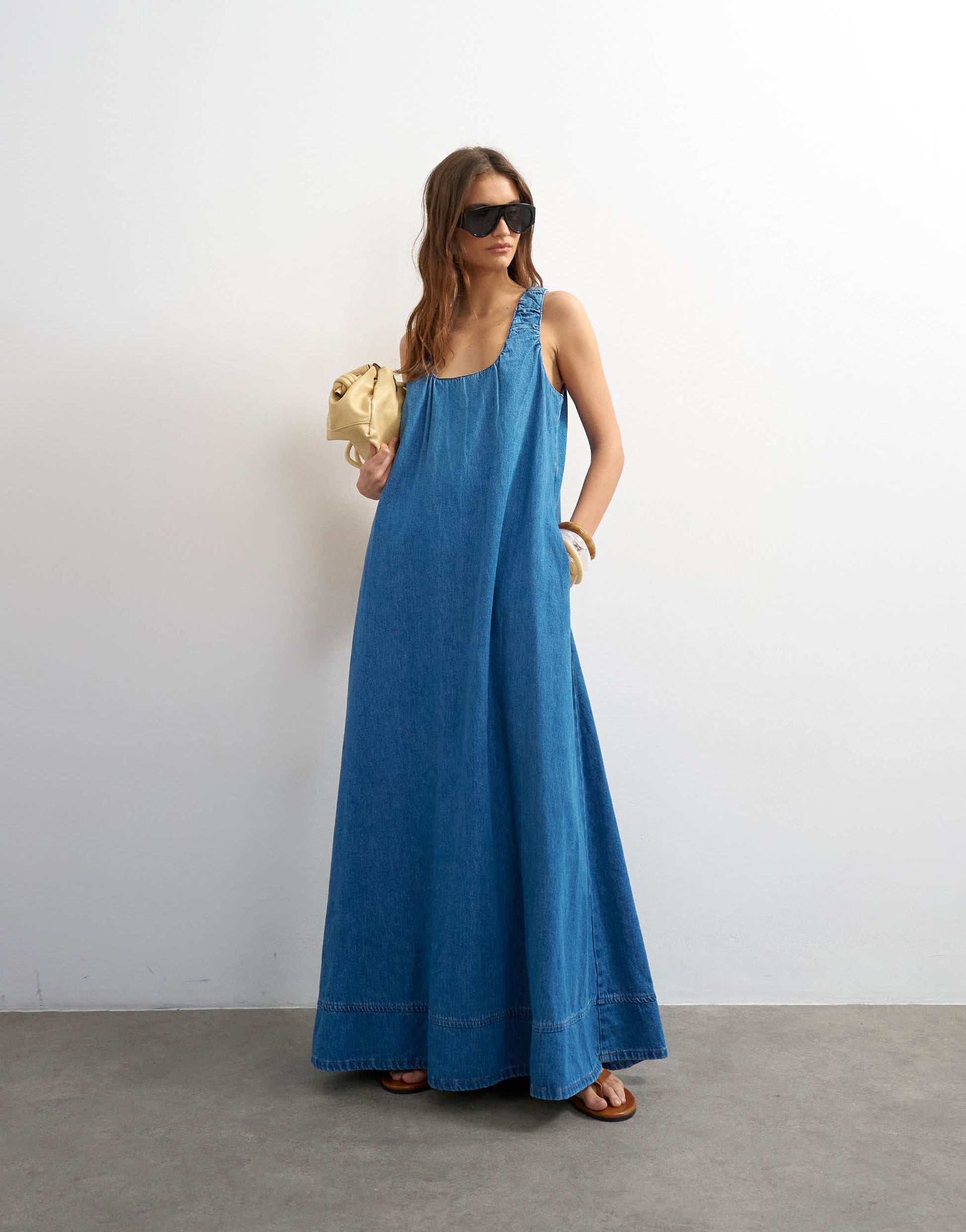 Topshop denim ruched maxi dress in mid blue